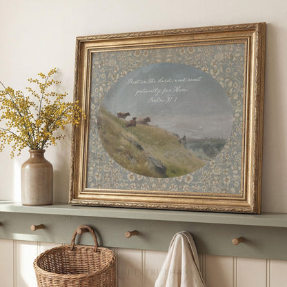 a framed painting of a pastoral scene with cows grazing on a hillside, accompanied by a vase of yellow flowers and a woven basket on a shelf.