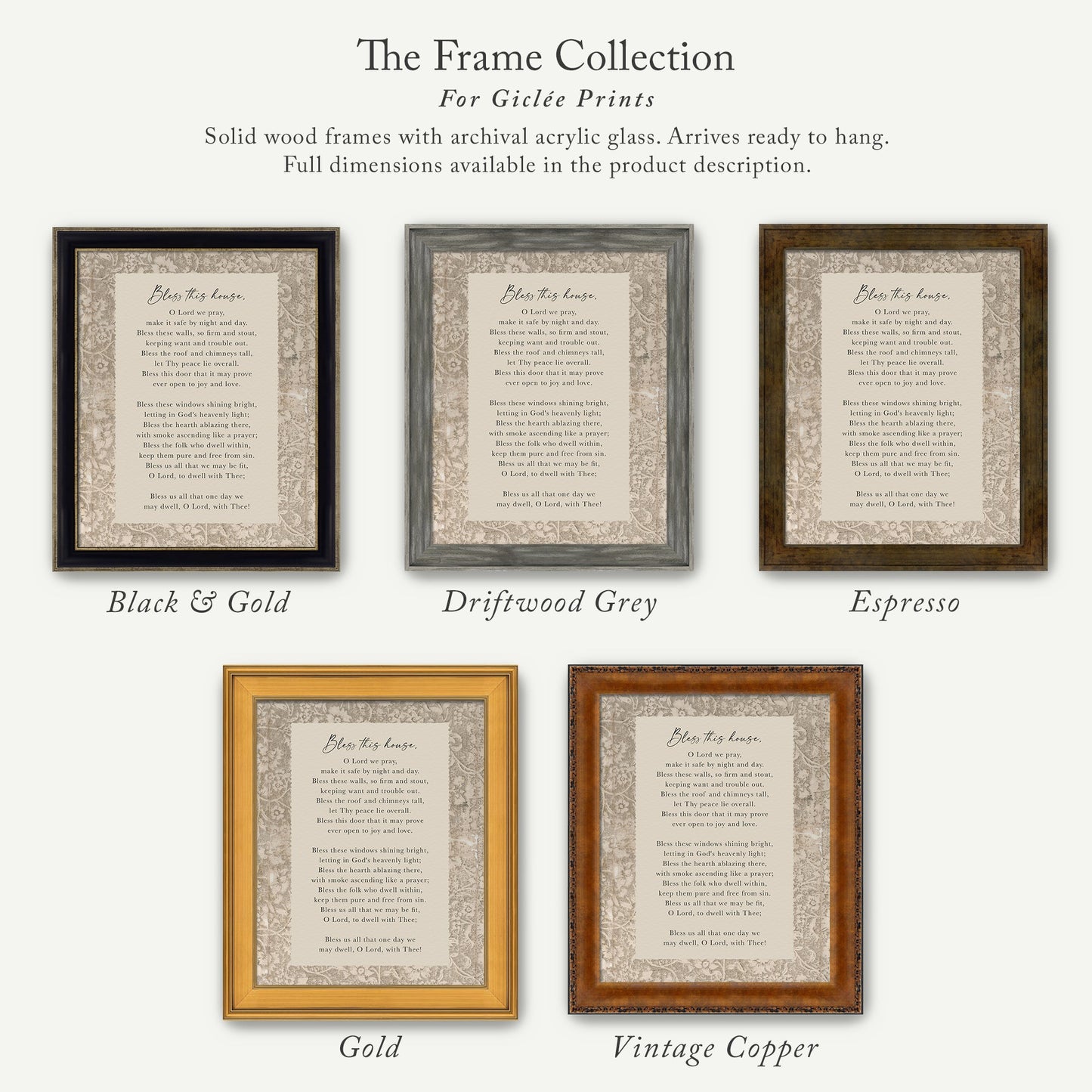 a collection of five framed prints, each with a different color and frame style, arranged in a row. The text on the prints is too small to read clearly, so I cannot provide a detailed description of each print.