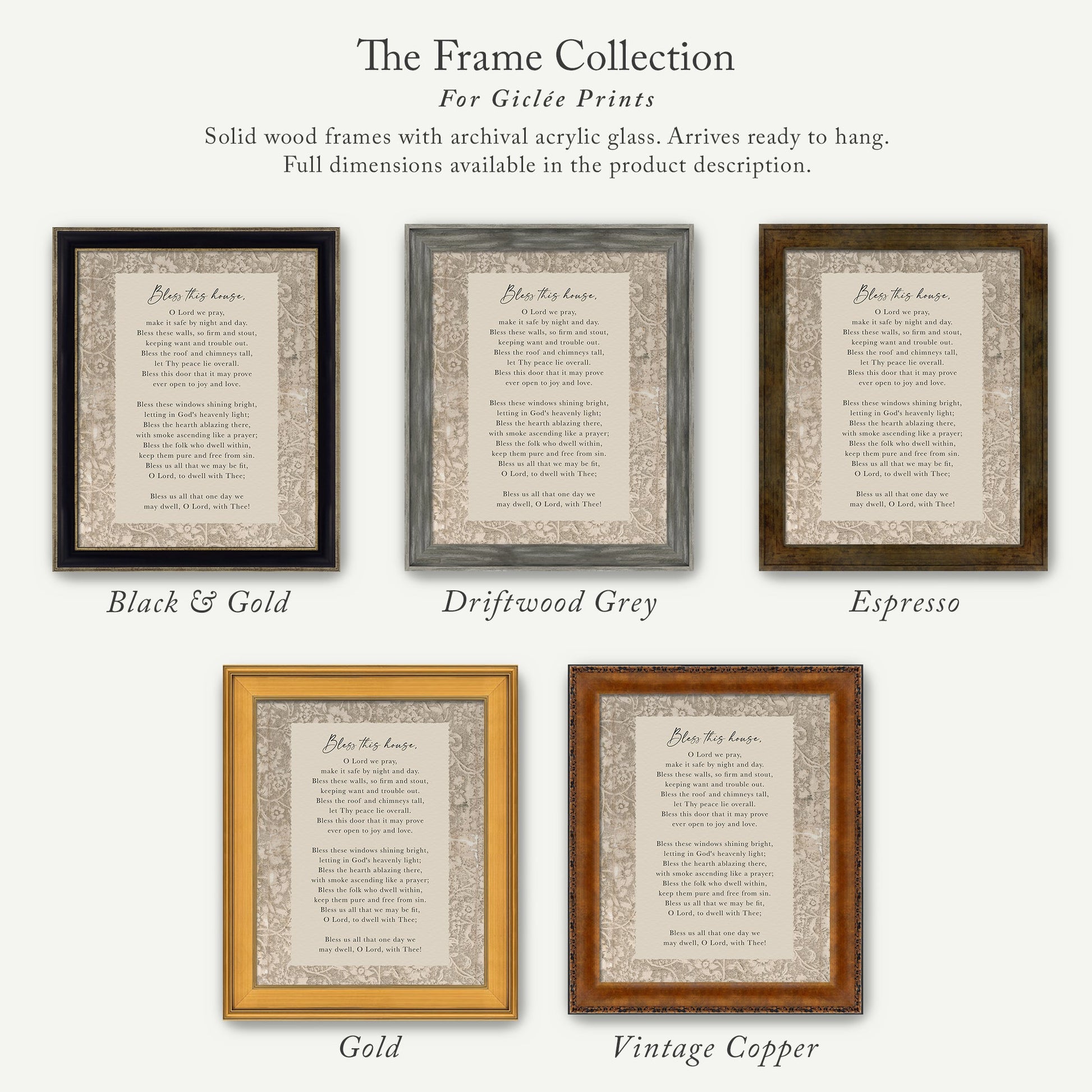 a collection of five framed prints, each with a different color and frame style, arranged in a row. The text on the prints is too small to read clearly, so I cannot provide a detailed description of each print.