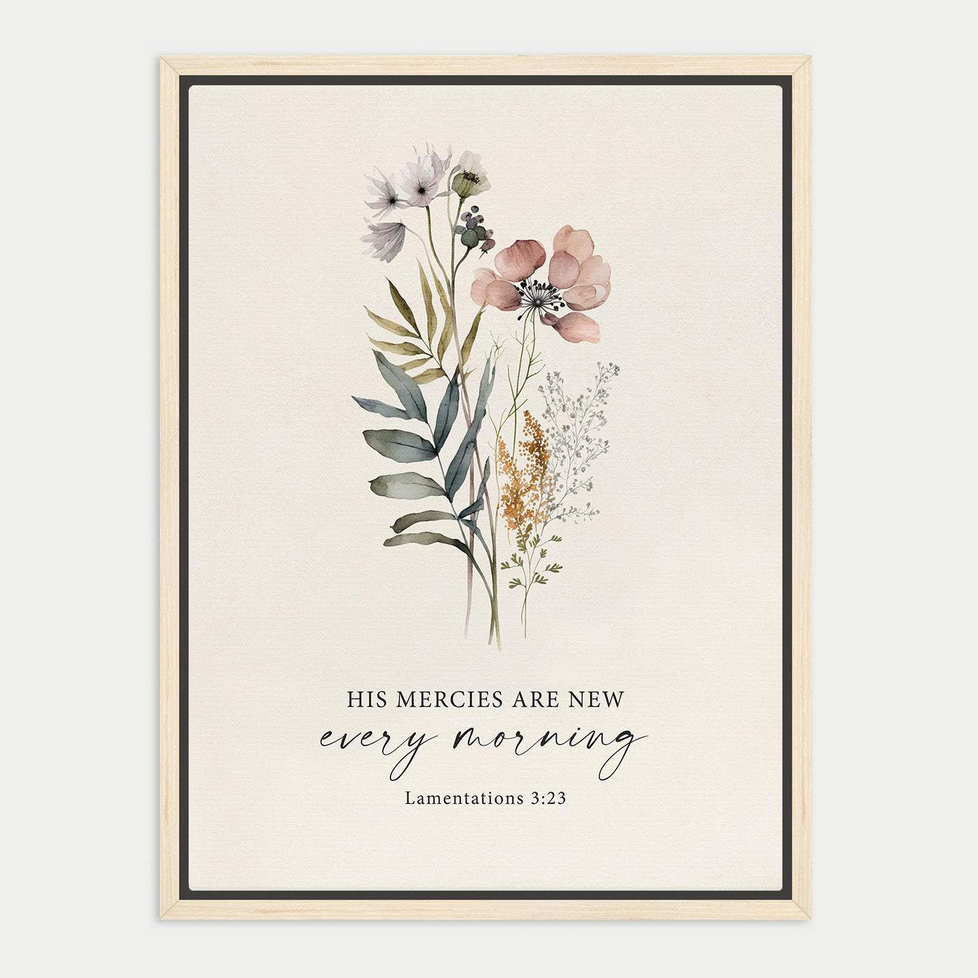 The image is a framed print featuring a floral illustration with the text "His Mercies are new every morning" and a Bible verse reference.