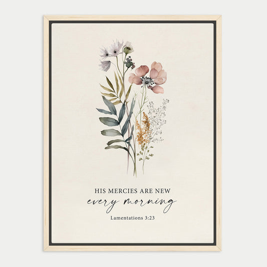 The image is a framed print featuring a floral illustration with the text "His Mercies are new every morning" and a Bible verse reference.