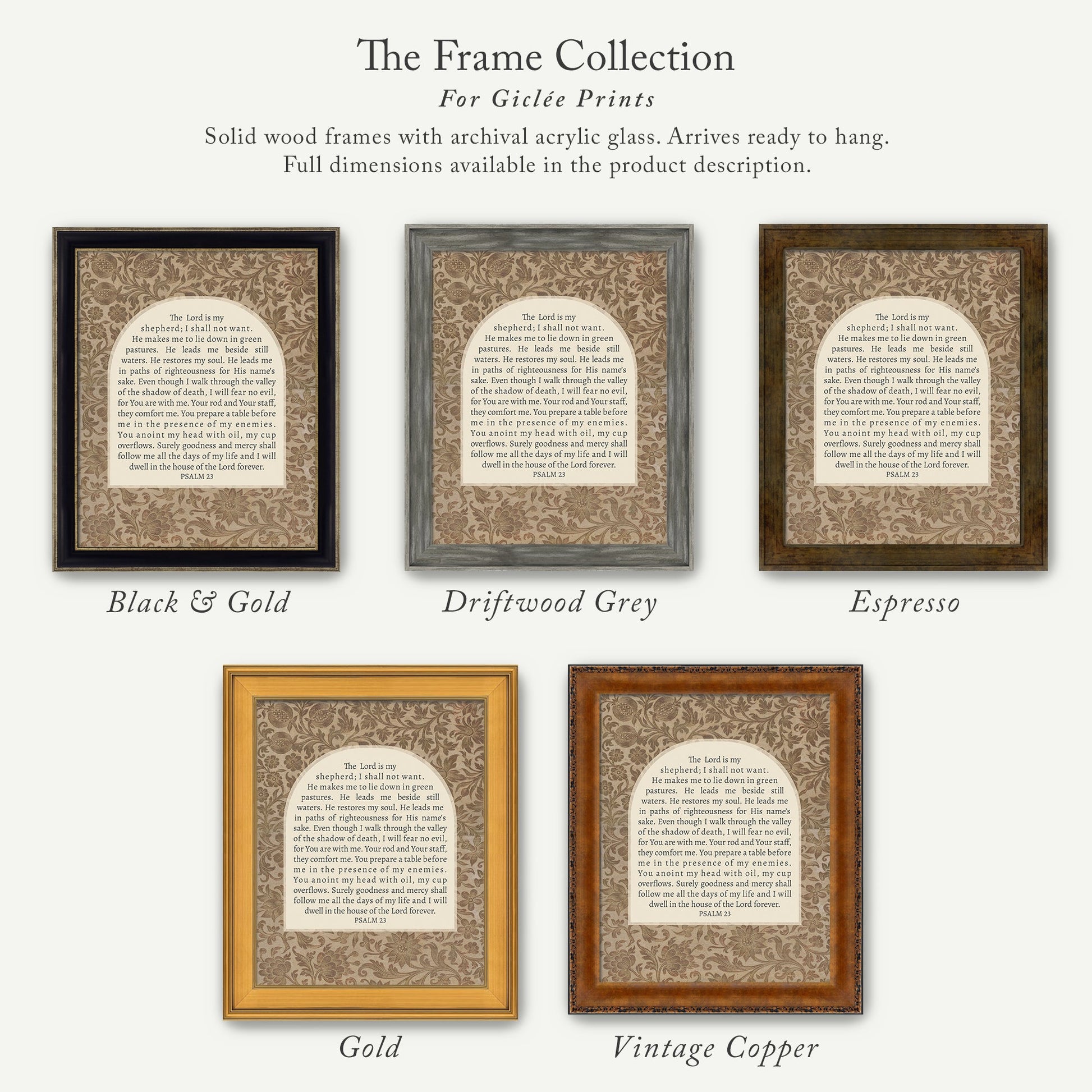 a collection of five framed prints, each with a different color and frame style, arranged in a row. The text on the prints is too small to read clearly, so I cannot provide a detailed description of the content.