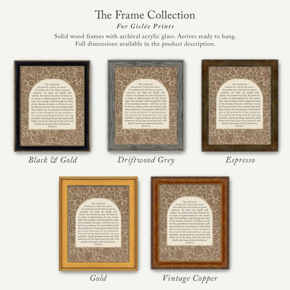 a collection of five framed prints, each with a different color and frame style, arranged in a row. The text on the prints is too small to read clearly, so I cannot provide a detailed description of the content.