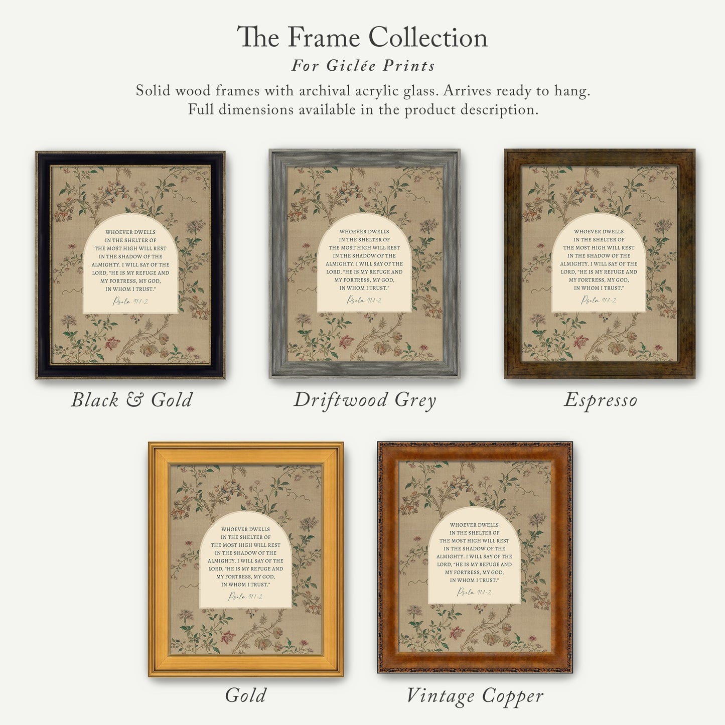a collection of five framed prints, each with a different color and frame style, arranged in a row. The text on the prints is too small to read clearly, so I cannot provide a detailed description of the content.
