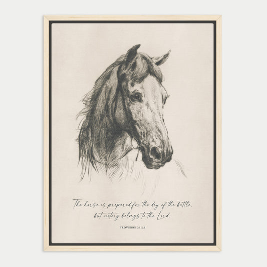 The image is a black and white illustration of a horse's head, with a quote from the Bible below it.