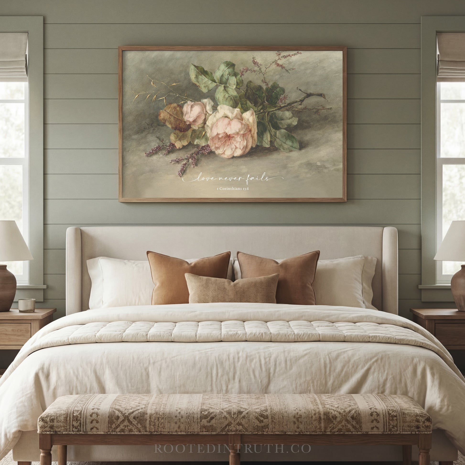 a serene bedroom scene with a large floral painting hanging above a bed, which is adorned with white linens and brown pillows.