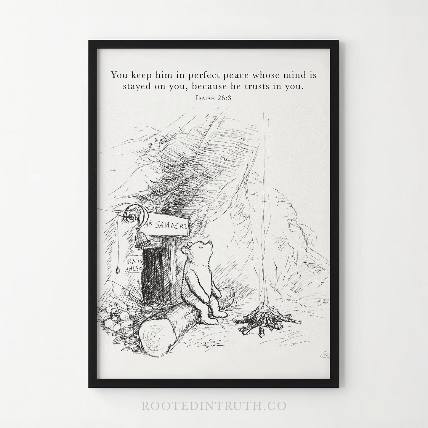The image is a black and white illustration of a bear sitting on a log next to a tent, with a sign that reads &quot;SANDER&quot;. The bear appears to be looking up at the sign, which is located in front of a small building or structure. The image also includes a text overlay that reads &quot;You keep him in perfect peace whose mind is stayed on you, because he trusts in you. Isaiah 26:3&quot;.