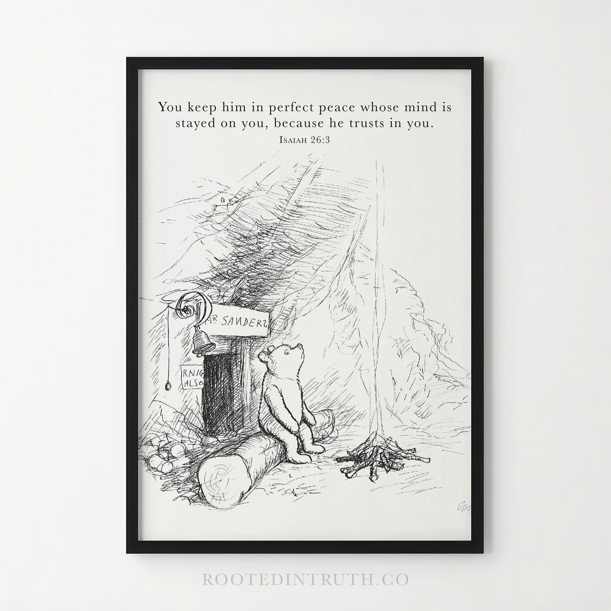 The image is a black and white illustration of a bear sitting on a log next to a tent, with a sign that reads &quot;SANDER&quot;. The bear appears to be looking up at the sign, which is located in front of a small building or structure. The image also includes a text overlay that reads &quot;You keep him in perfect peace whose mind is stayed on you, because he trusts in you. Isaiah 26:3&quot;.