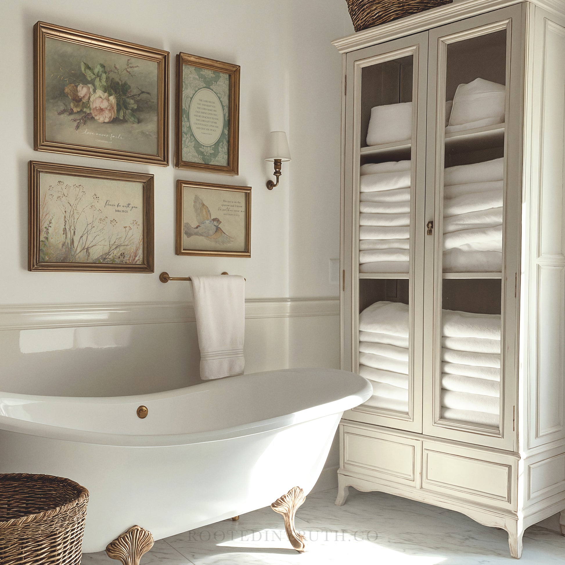 a bathroom with a claw foot tub and white towels