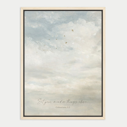 The image is a framed painting depicting a cloudy sky with birds flying in the distance.