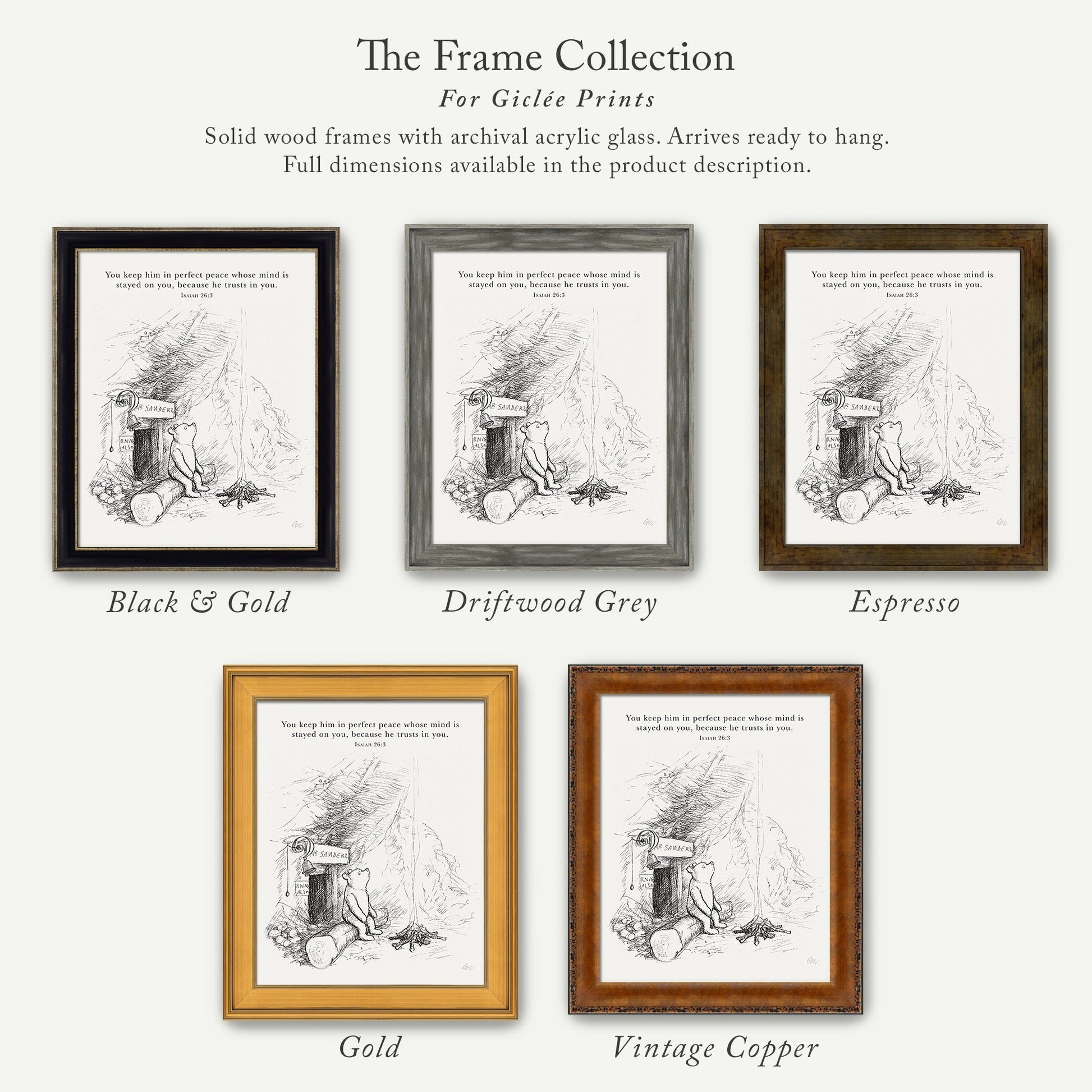 The image is a collection of framed prints, each with a different color and frame style, showcasing various artistic interpretations of the same image.