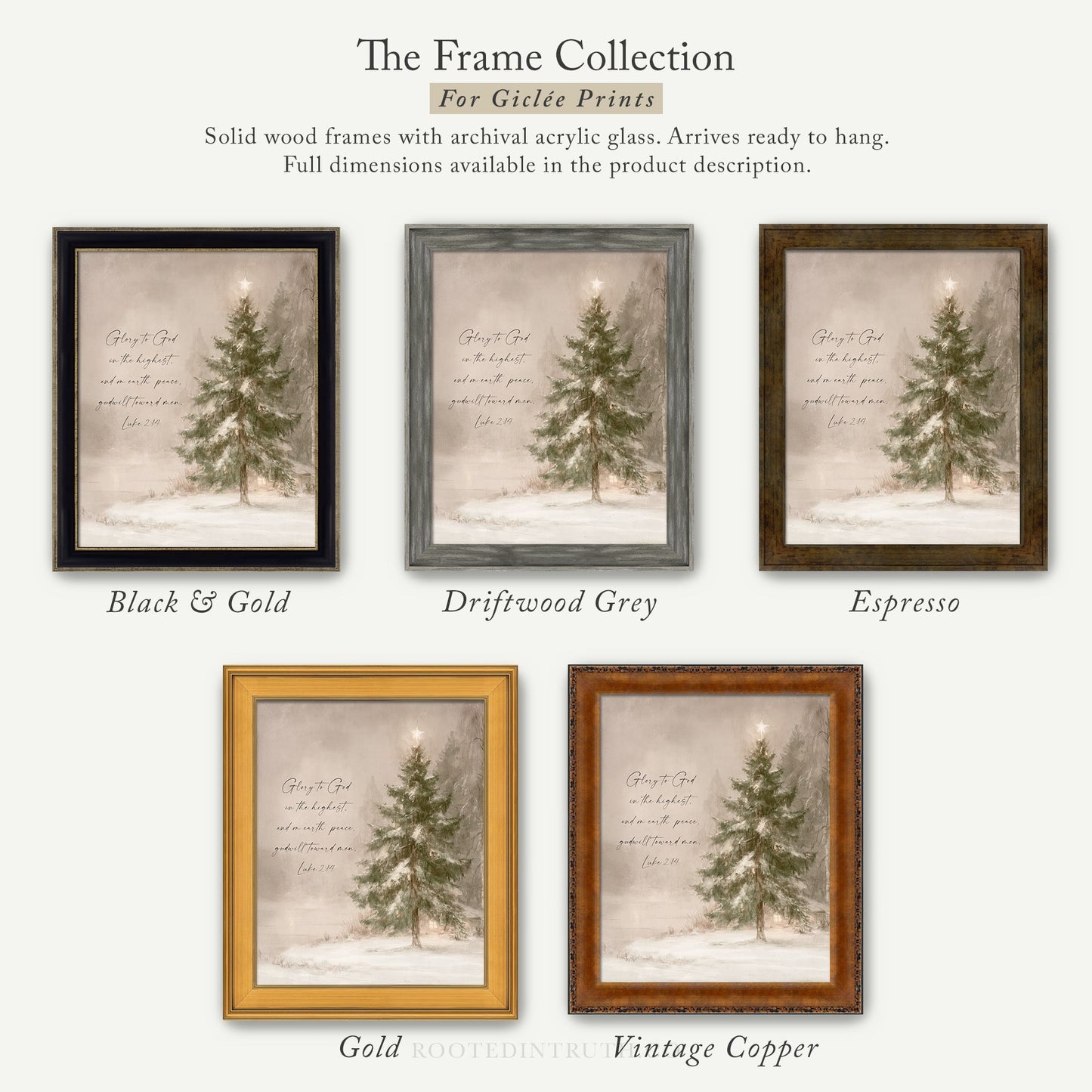 a set of four framed pictures with a christmas tree