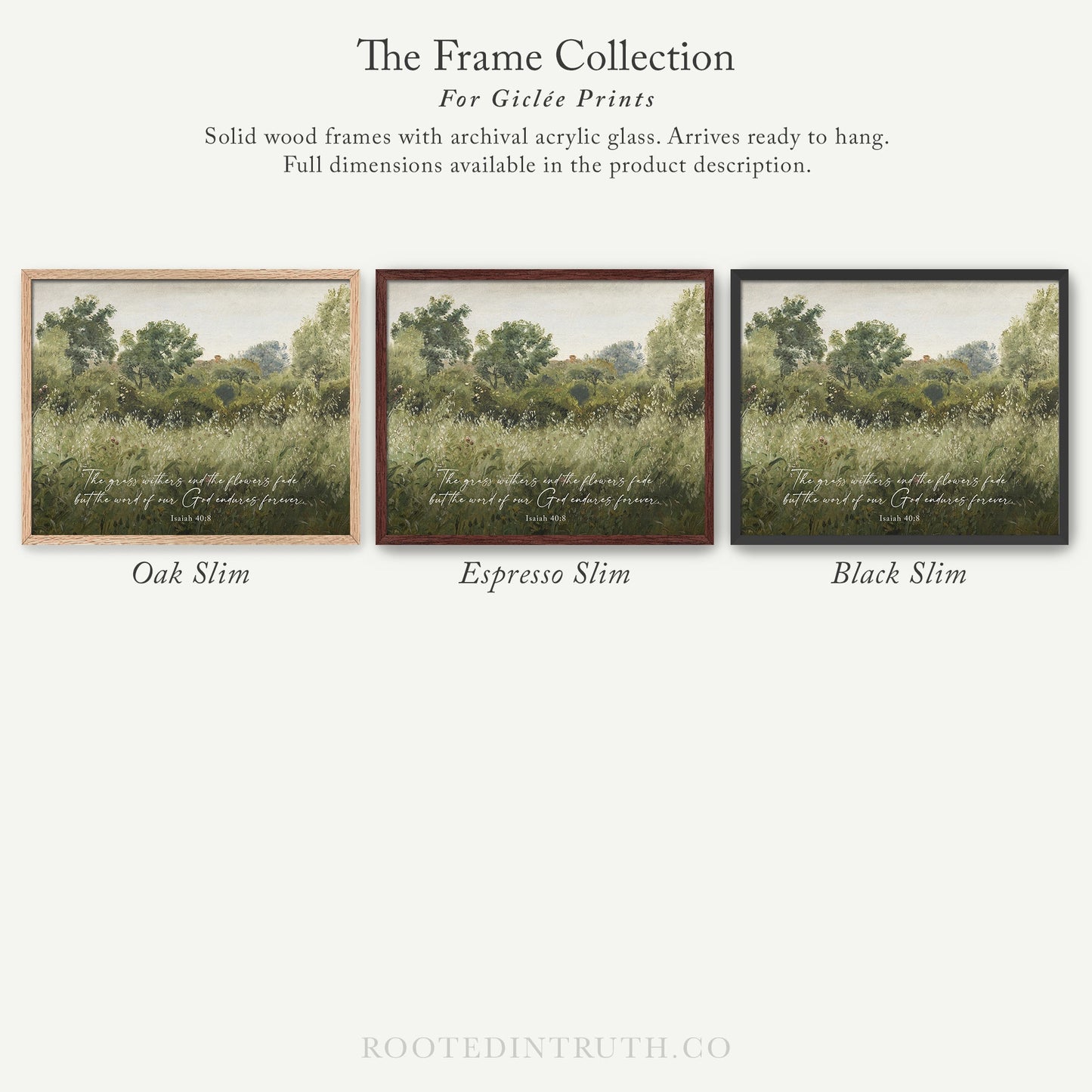 The image is a collection of three framed prints, each depicting a different landscape scene. The prints are solid wood frames with archival acrylic glass, which are ready to hang and provide full dimensions in the product description.