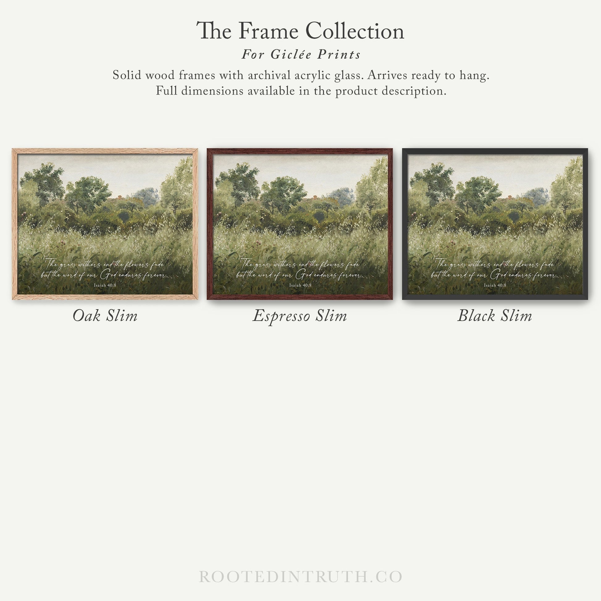 The image is a collection of three framed prints, each depicting a different landscape scene. The prints are solid wood frames with archival acrylic glass, which are ready to hang and provide full dimensions in the product description.