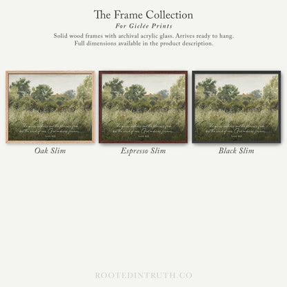 The image is a collection of three framed prints, each depicting a different landscape scene. The prints are solid wood frames with archival acrylic glass, which are ready to hang and provide full dimensions in the product description.
