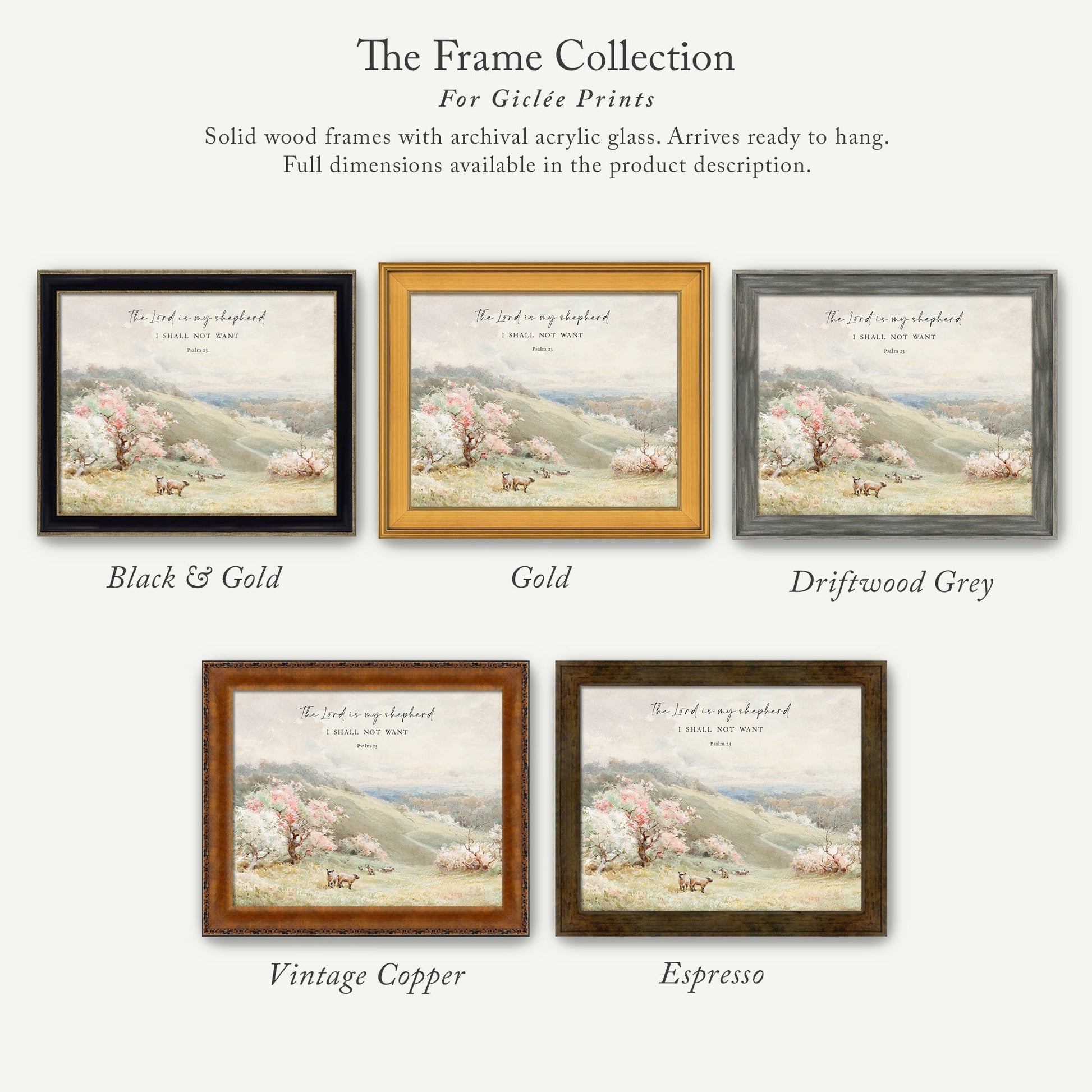 The image is a collection of five framed prints, each with a different color and frame style, showcasing various landscapes and pastoral scenes.
