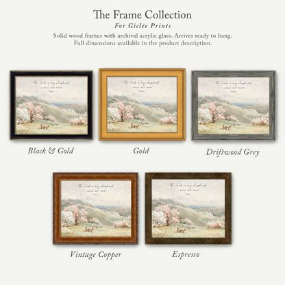 The image is a collection of five framed prints, each with a different color and frame style, showcasing various landscapes and pastoral scenes.