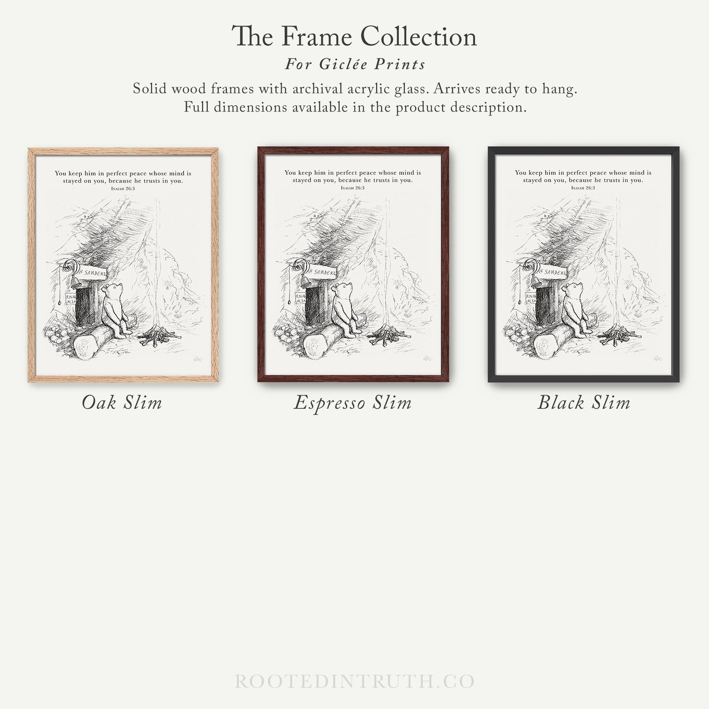 The image is a collection of three framed prints, each with a different wood finish and color, arranged in a row. The text describes the frames and their features, such as the use of archival acrylic glass and the availability of full dimensions in the product description.