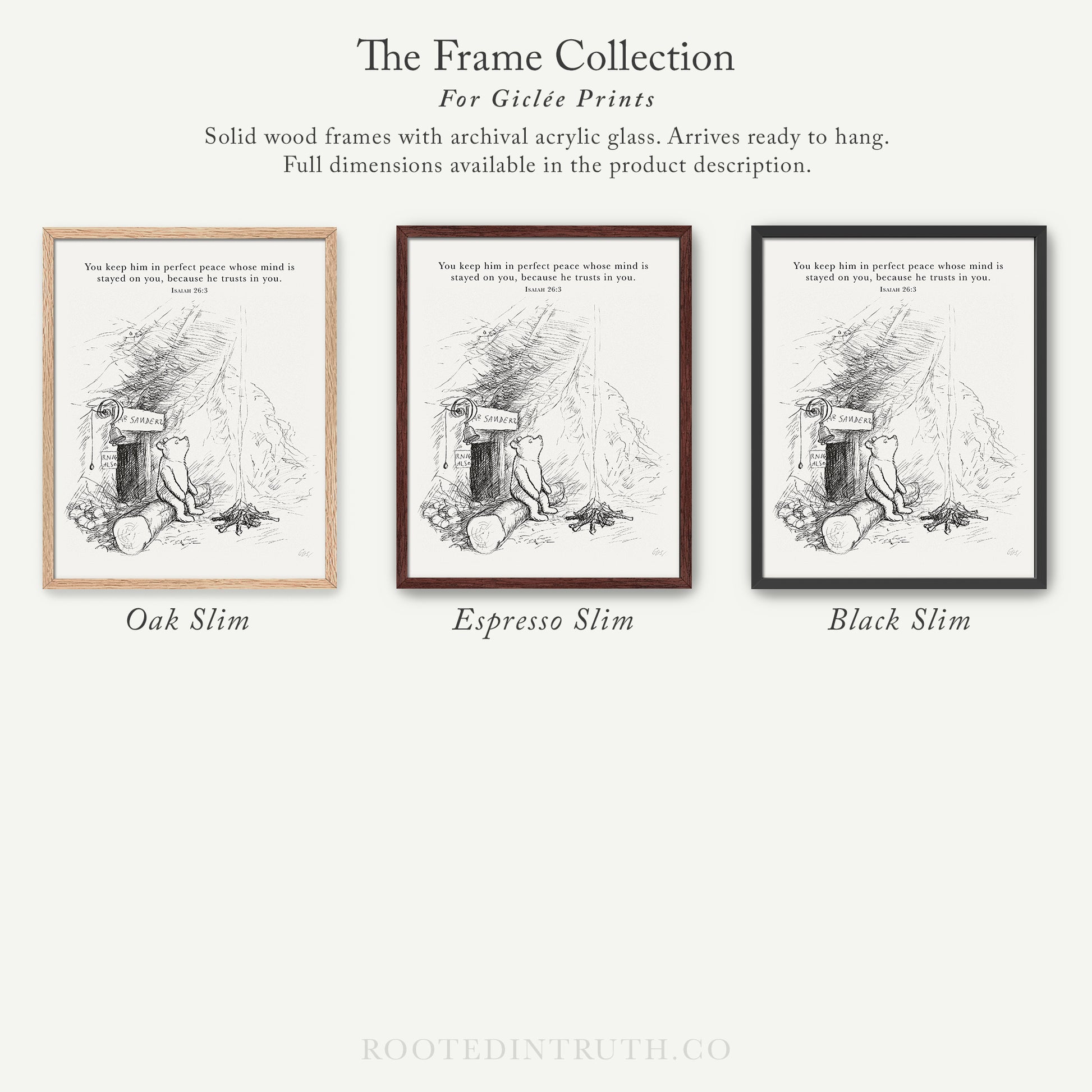 The image is a collection of three framed prints, each with a different wood finish and color, arranged in a row. The text describes the frames and their features, such as the use of archival acrylic glass and the availability of full dimensions in the product description.