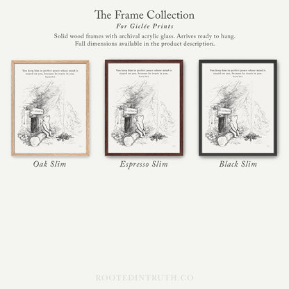 The image is a collection of three framed prints, each with a different wood finish and color, arranged in a row. The text describes the frames and their features, such as the use of archival acrylic glass and the availability of full dimensions in the product description.