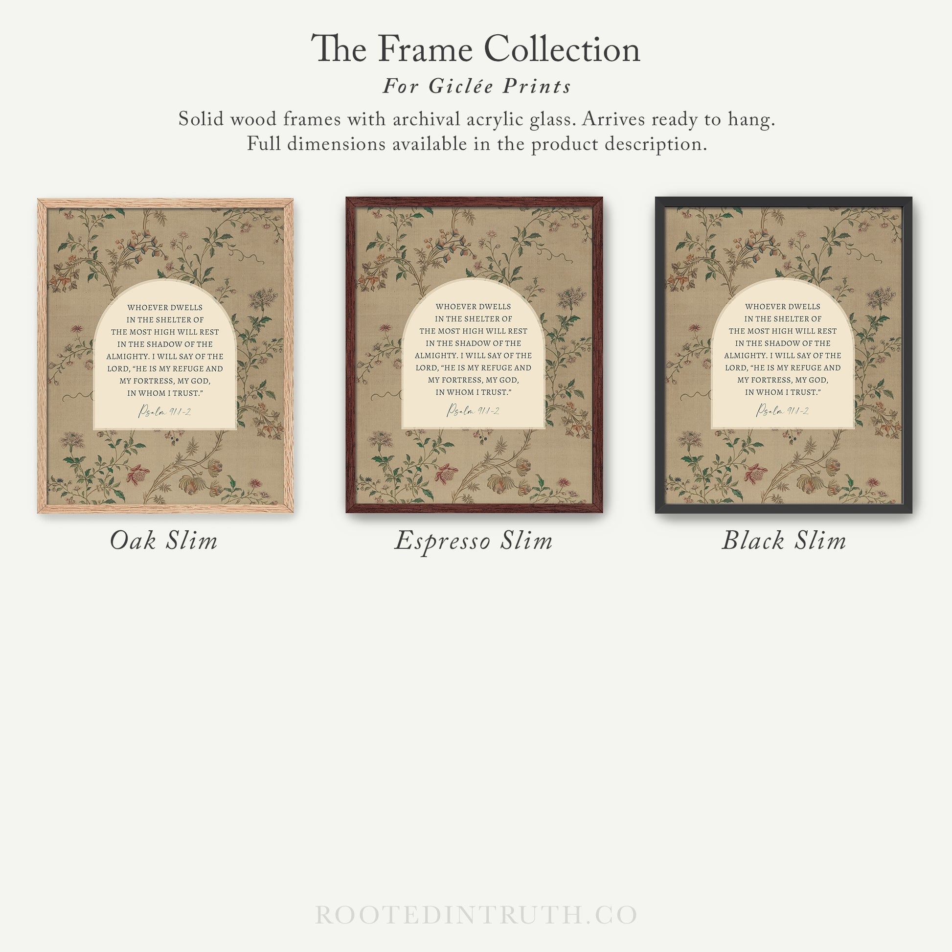The image is a collection of three framed prints, each with a different color and design, arranged in a row.