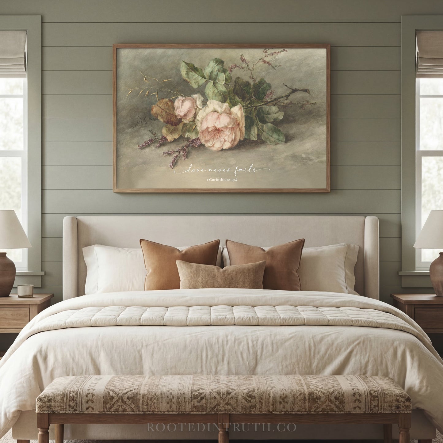 a serene bedroom scene with a large floral painting hanging above a bed, which is adorned with white linens and brown pillows.