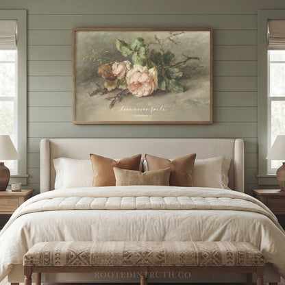 a serene bedroom scene with a large floral painting hanging above a bed, which is adorned with white linens and brown pillows.