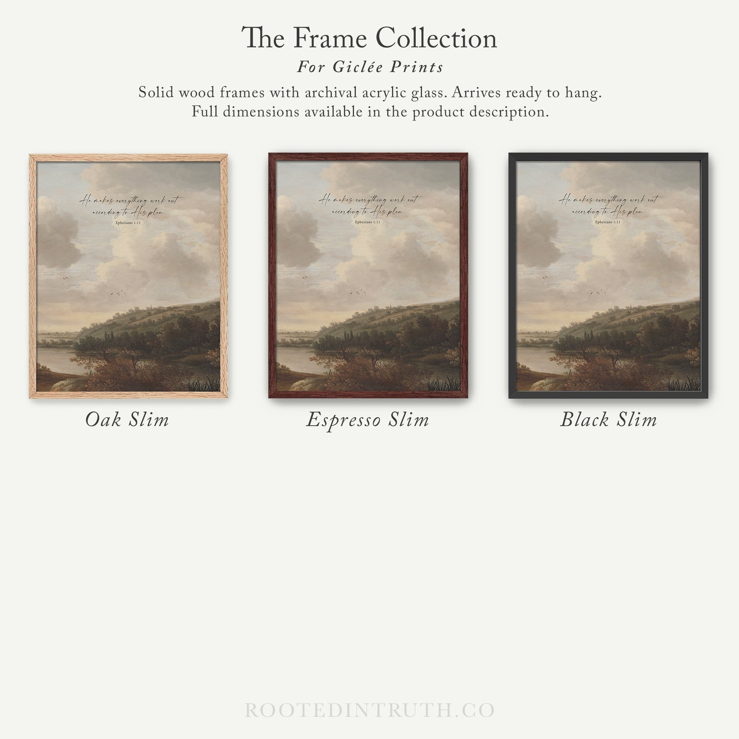The image is a collection of three framed prints, each with a different color and style, arranged in a row.
