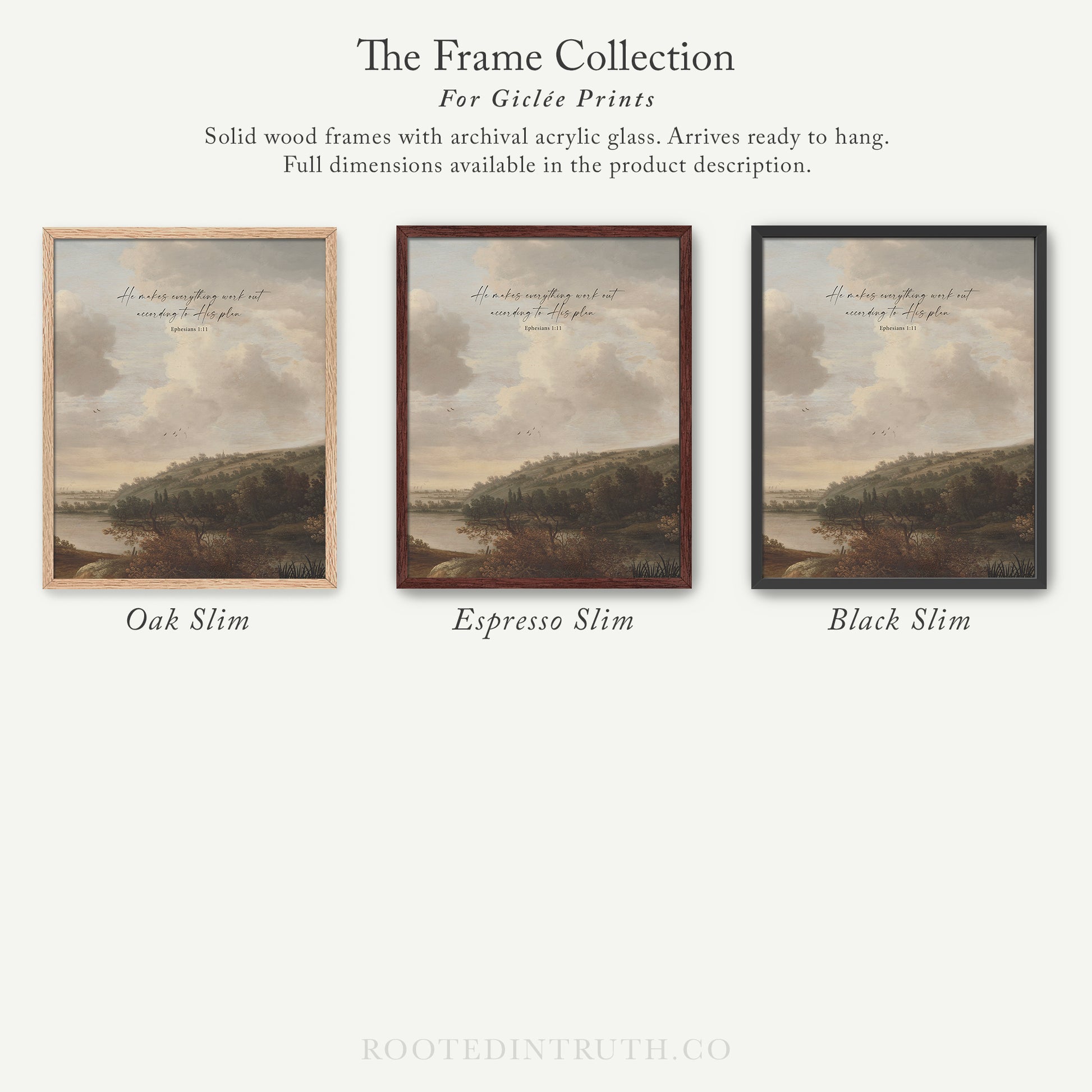 The image is a collection of three framed prints, each with a different color and style, arranged in a row.