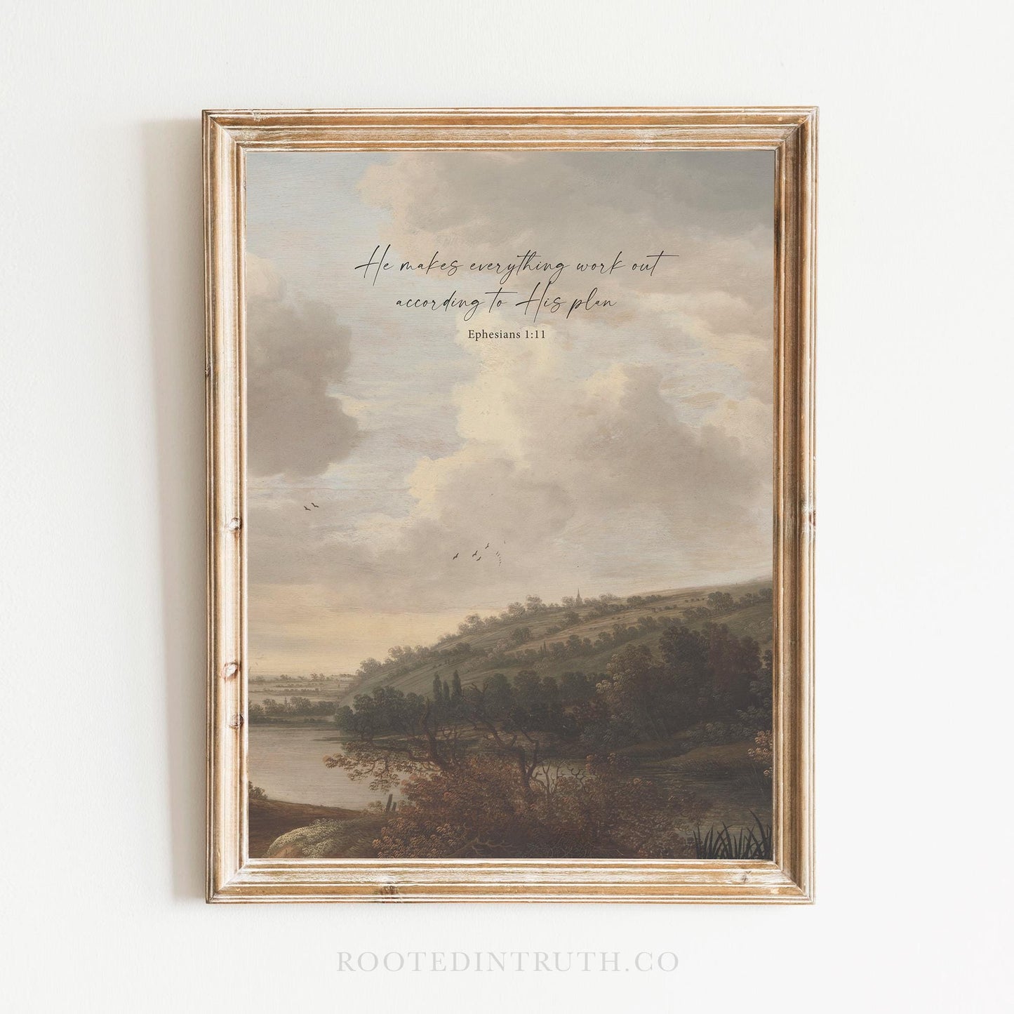 A Christian vintage wall art print with a scripture bible verse. Moody landscape.