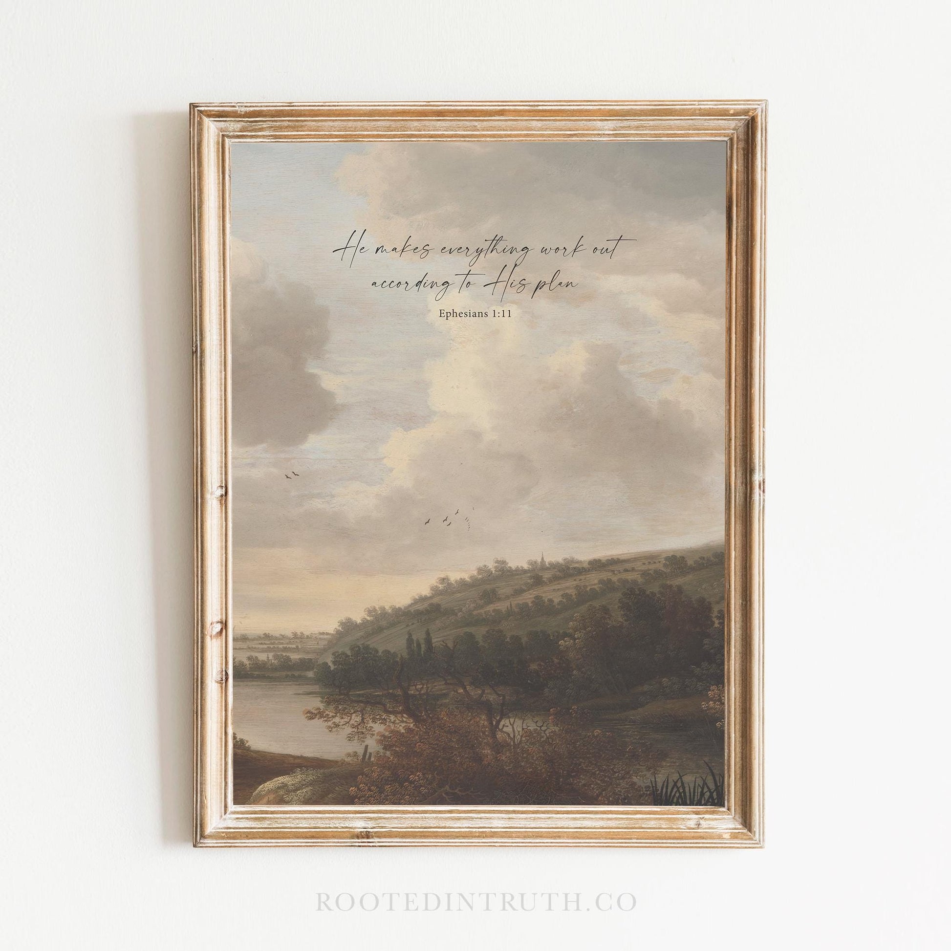 A Christian vintage wall art print with a scripture bible verse. Moody landscape.