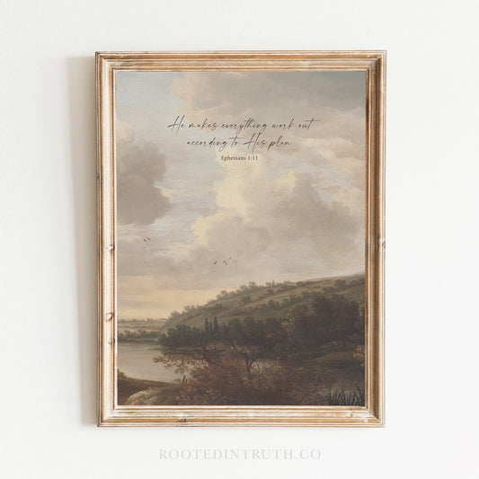 A Christian vintage wall art print with a scripture bible verse. Moody landscape.