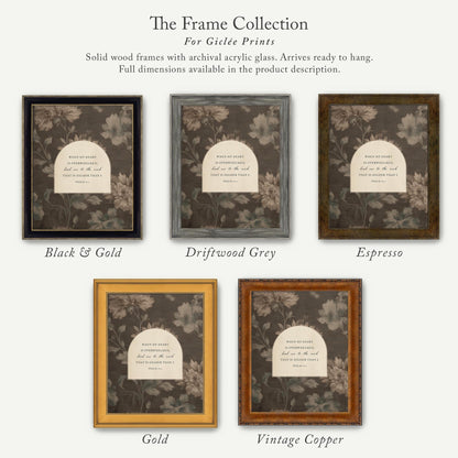The image is a collection of five framed prints, each with a different color and frame style, showcasing the variety of options available for purchasing a frame for a giraffe print.