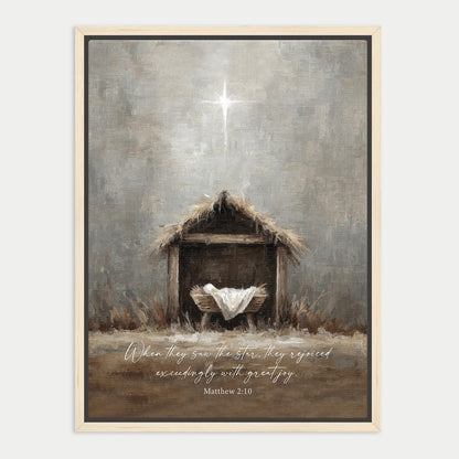 a nativity scene with a manger, a wooden structure, and a baby in a manger, all set against a gray background with a bright star. The text below the image reads "When they saw the star, they rejoiced excessively with great joy. Matthew 2:10".