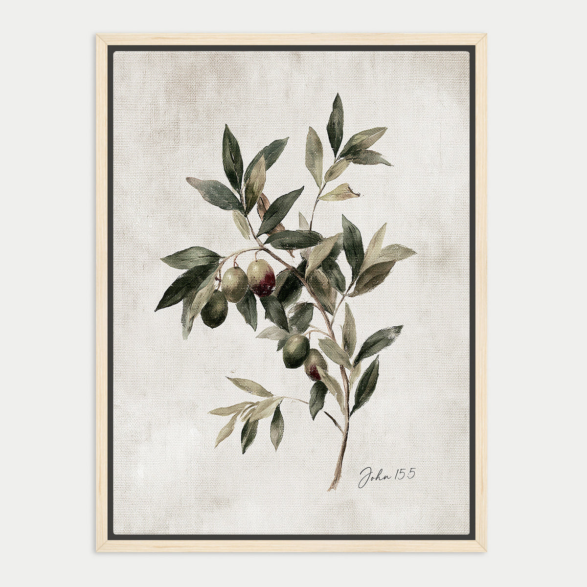 The image is a framed print depicting a branch with green leaves and small fruits, possibly olives, against a neutral background.