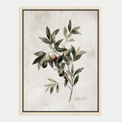 The image is a framed print depicting a branch with green leaves and small fruits, possibly olives, against a neutral background.