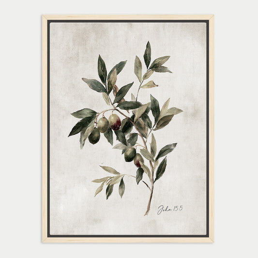 The image is a framed print depicting a branch with green leaves and small fruits, possibly olives, against a neutral background.