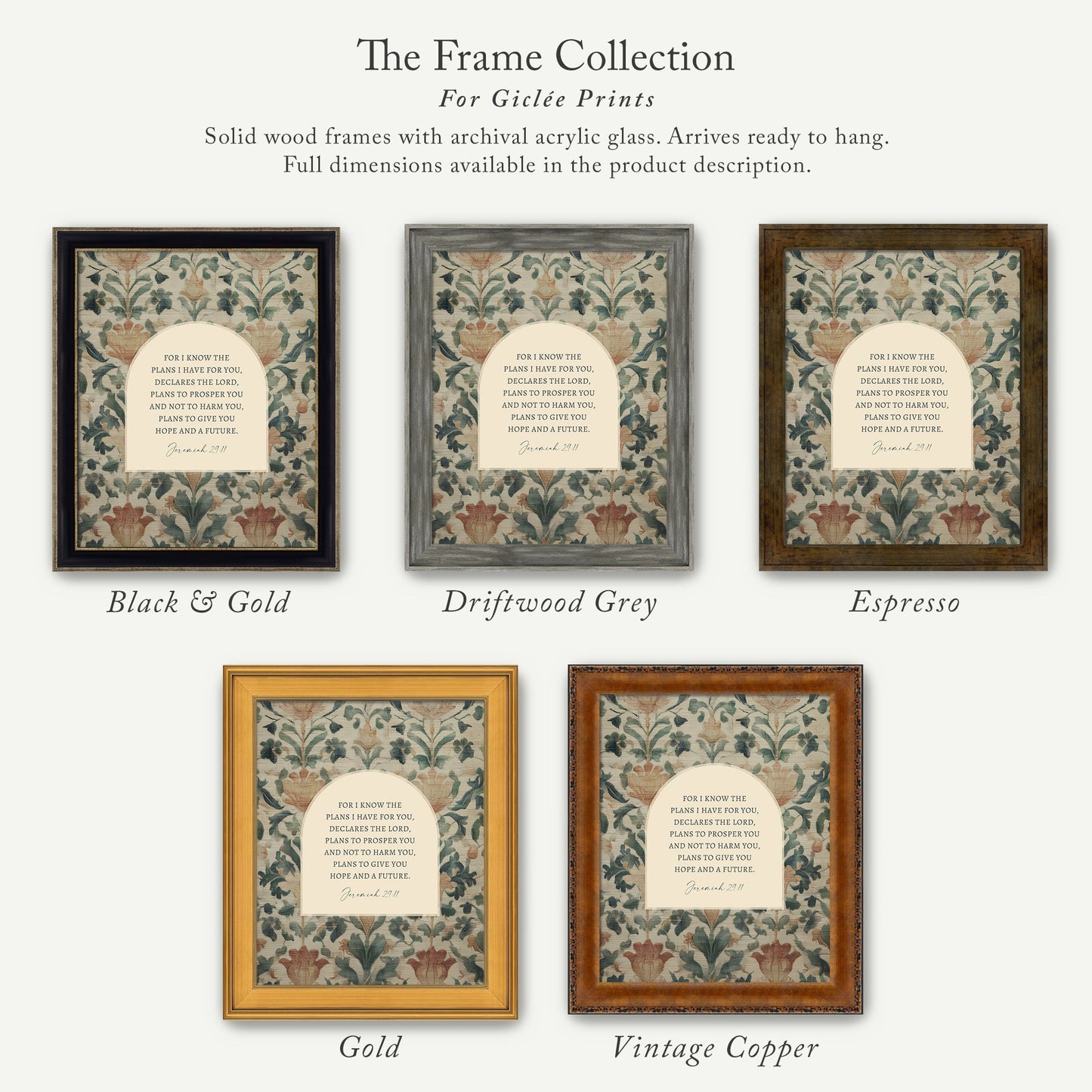 The image is a collection of five framed prints, each with a different color and frame style, showcasing the variety of options available for purchasing a frame for a giraffe print.