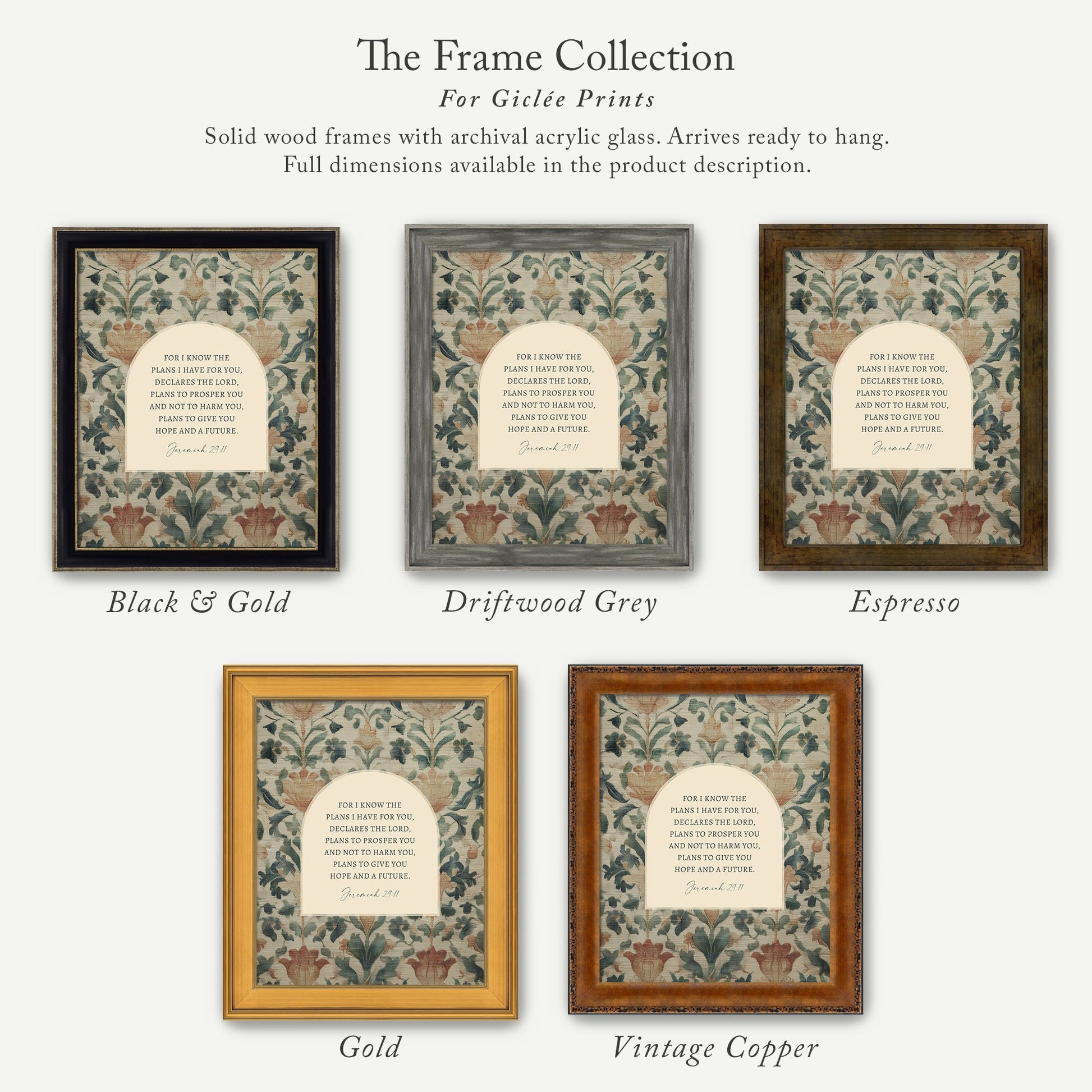 The image is a collection of five framed prints, each with a different color and frame style, showcasing the variety of options available for purchasing a frame for a giraffe print.