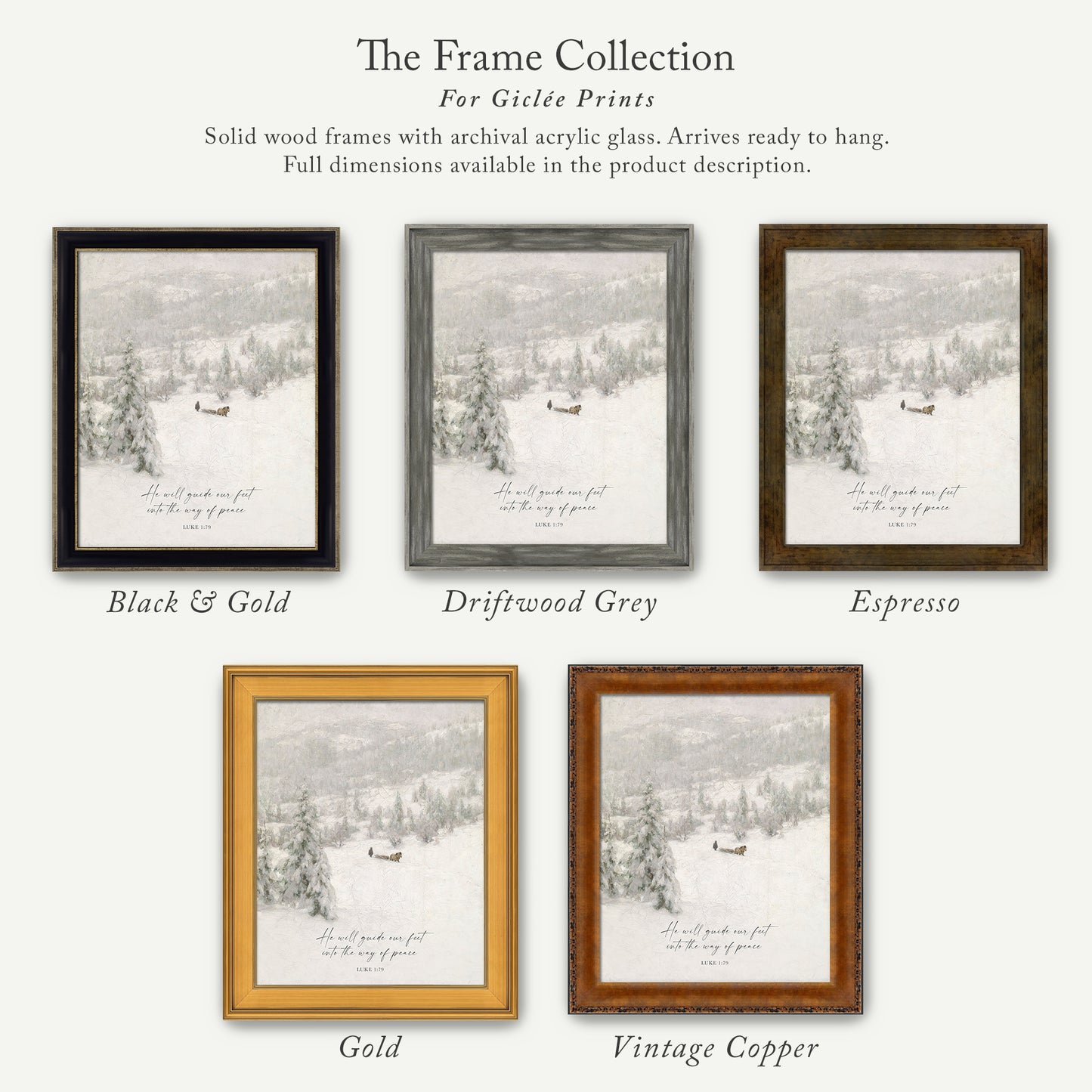 The image is a collection of five framed prints, each with a different color and frame style, showcasing various winter landscapes.