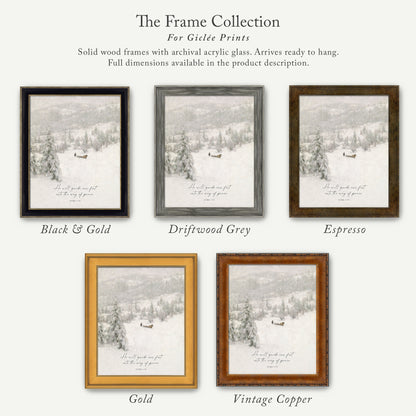 The image is a collection of five framed prints, each with a different color and frame style, showcasing various winter landscapes.