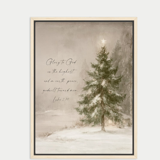 a snowy landscape with a tall, snow-covered pine tree in the foreground. The background is a hazy, misty scene, creating a serene and peaceful atmosphere. The text overlay provides a biblical quote from the book of Luke 2:19, which reads "Glory to God on the highest, and on earth peace, God will increase the man."