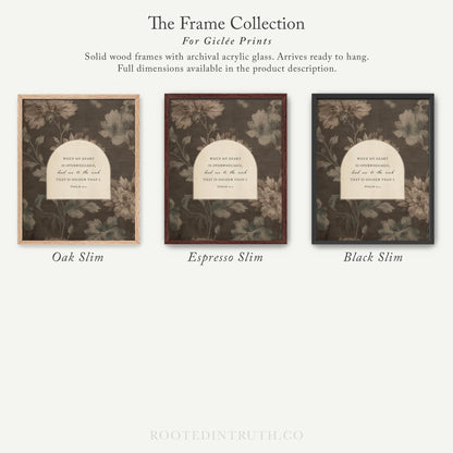 The image is a collection of three framed prints, each with a different wood finish and color, arranged in a row. The text above the prints reads "The Frame Collection For Girte Prints".