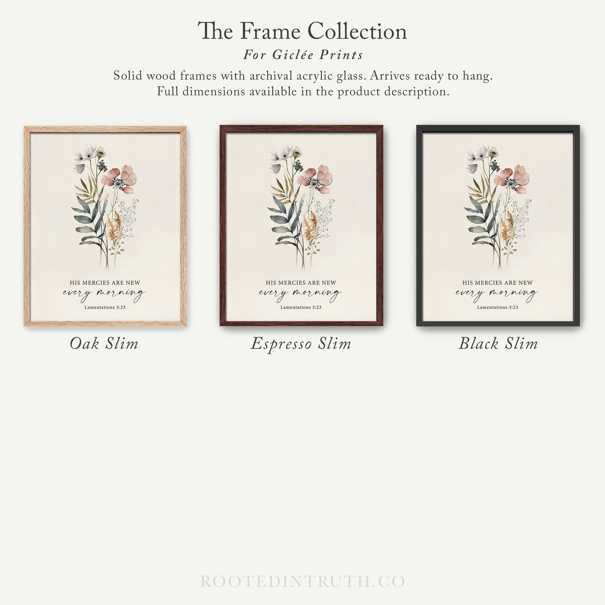 The image is a collection of three framed prints, each with a different floral design and color scheme. The text above the prints reads "The Frame Collection For Girlette Prints".