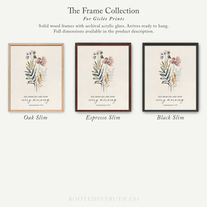 The image is a collection of three framed prints, each with a different floral design and color scheme. The text above the prints reads "The Frame Collection For Girlette Prints".