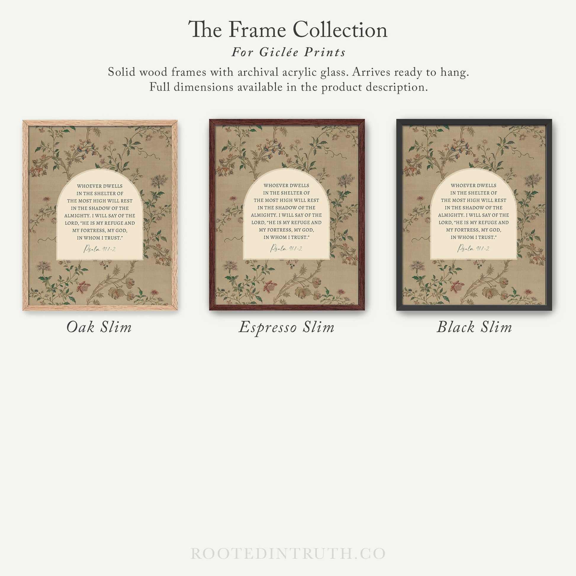 The image is a collection of three framed prints, each with a different color and design, arranged in a row.
