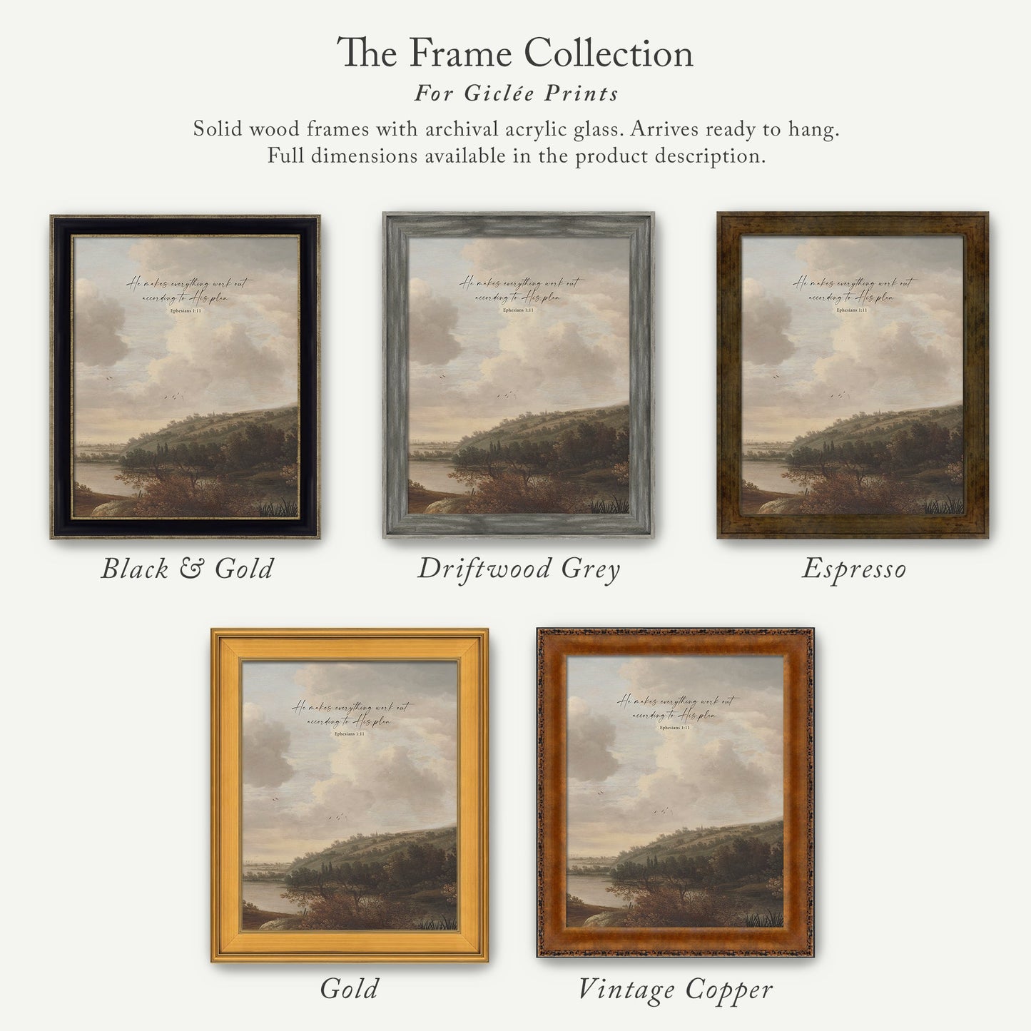 The image is a collection of five framed prints, each with a different color and frame style, showcasing various artistic interpretations of a landscape scene.