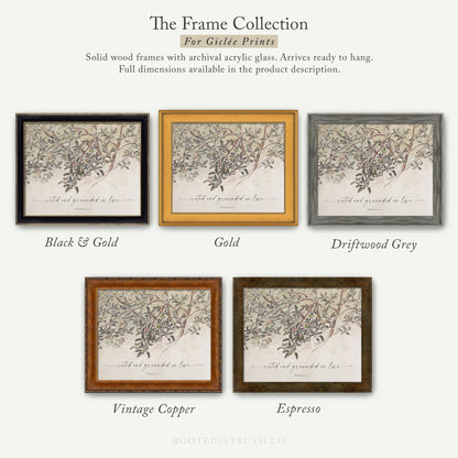 The image is a collection of five framed prints, each with a different color and frame style, showcasing various artistic interpretations of a tree or plant.