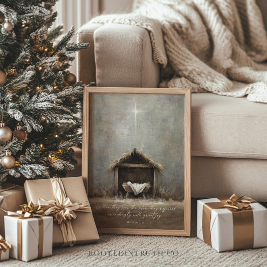 a Christmas tree with ornaments, a framed painting of a nativity scene, and wrapped gifts on a beige couch.