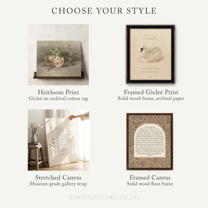The image is a collage of five different print options, including a paper print, framed paper print, rolled canvas print, stretched canvas print, and framed canvas print. Each print option has a unique design and presentation, showcasing various styles and materials.